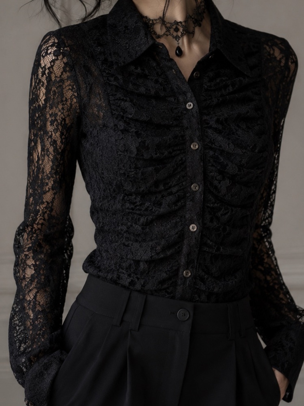 Moda International Black Ruched Lace Gothcore Mesh Blouse Top M